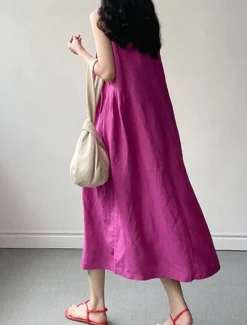 Hot Women's Long Dress Maxi Dress Linen-Inspired Dresses Casual Dress Stylish Casual Vacation Daily Date Regular Fit Plain Sleeveless Crew Neck Yellow Purple Summer Spring Women Dresses