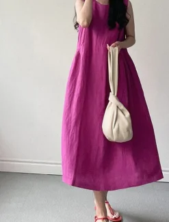 Hot Women's Long Dress Maxi Dress Linen-Inspired Dresses Casual Dress Stylish Casual Vacation Daily Date Regular Fit Plain Sleeveless Crew Neck Yellow Purple Summer Spring Women Dresses