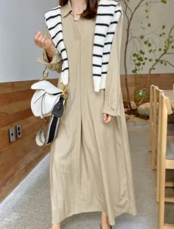 Clearance Women's Long Dress Maxi Dress Linen-Inspired Dresses Casual Dress Stylish Casual Vacation Daily Date Regular Fit Plain Long Sleeve Lapel Black Wine Khaki Army Green Summer Spring Women Dresses