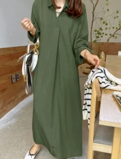 Clearance Women's Long Dress Maxi Dress Linen-Inspired Dresses Casual Dress Stylish Casual Vacation Daily Date Regular Fit Plain Long Sleeve Lapel Black Wine Khaki Army Green Summer Spring Women Dresses