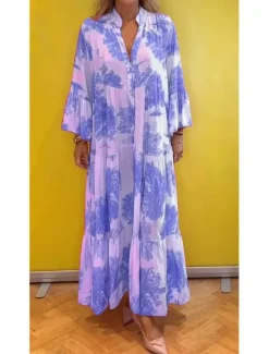 Best Women's Long Dress Maxi Dress Casual Dress Swing Dress Summer Dress Elegant Fashion Modern Daily Beach Weekend Regular Fit Floral Long Sleeve Split Neck Light Green Pink Red Light Purple Summer Women Floral Dresses