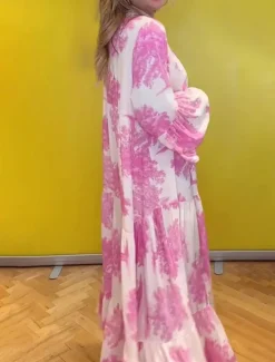 Best Women's Long Dress Maxi Dress Casual Dress Swing Dress Summer Dress Elegant Fashion Modern Daily Beach Weekend Regular Fit Floral Long Sleeve Split Neck Light Green Pink Red Light Purple Summer Women Floral Dresses