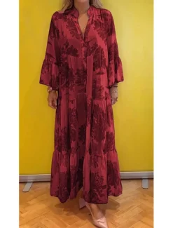 Best Women's Long Dress Maxi Dress Casual Dress Swing Dress Summer Dress Elegant Fashion Modern Daily Beach Weekend Regular Fit Floral Long Sleeve Split Neck Light Green Pink Red Light Purple Summer Women Floral Dresses