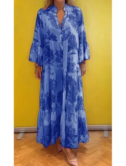 Best Women's Long Dress Maxi Dress Casual Dress Swing Dress Summer Dress Elegant Fashion Modern Daily Beach Weekend Regular Fit Floral Long Sleeve Split Neck Light Green Pink Red Light Purple Summer Women Floral Dresses
