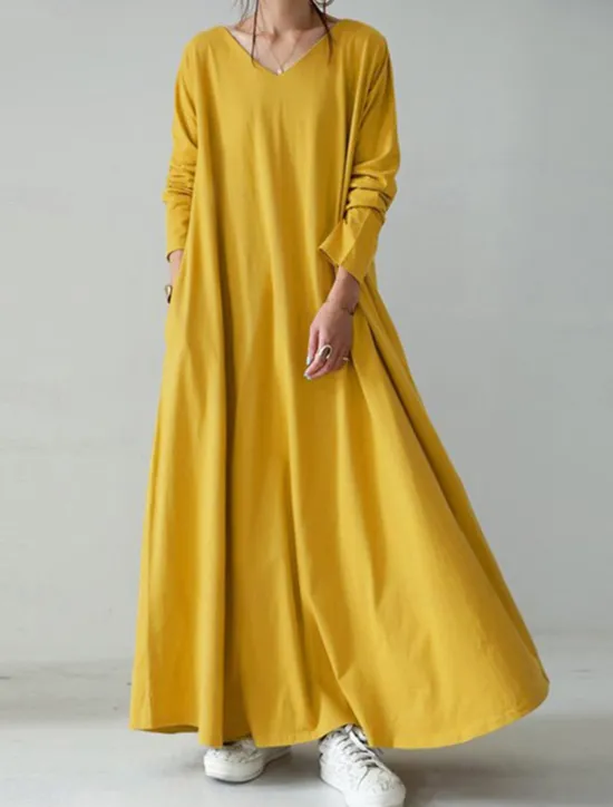 Sale Women's Long Dress Maxi Dress Linen-Inspired Dresses Black Dress Casual Dress Winter Dress Fashion Streetwear Mature Outdoor Street Daily Loose Fit Long Sleeve V Neck Black Yellow Brown Dark Blue Women Dresses
