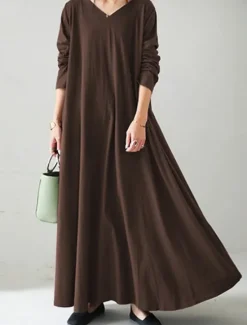 Sale Women's Long Dress Maxi Dress Linen-Inspired Dresses Black Dress Casual Dress Winter Dress Fashion Streetwear Mature Outdoor Street Daily Loose Fit Long Sleeve V Neck Black Yellow Brown Dark Blue Women Dresses