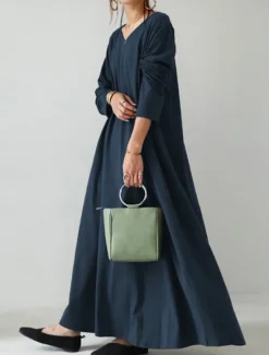 Sale Women's Long Dress Maxi Dress Linen-Inspired Dresses Black Dress Casual Dress Winter Dress Fashion Streetwear Mature Outdoor Street Daily Loose Fit Long Sleeve V Neck Black Yellow Brown Dark Blue Women Dresses