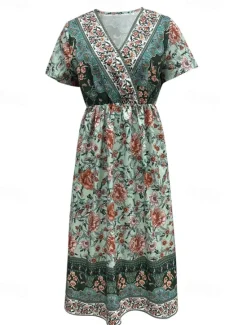 Online Women's Long Dress Maxi Dress Casual Dress A Line Dress Summer Dress Boho Dress Elegant Hawaiian Stylish Vacation Daily Date Regular Fit Floral Short Sleeve V Neck Summer Women Floral Dresses|Spring Dresses