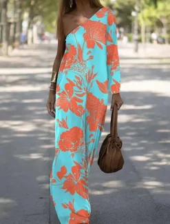Sale Women's Long Dress Maxi Dress Casual Dress Print Dress Floral Geometric Fashion Streetwear Outdoor Holiday Going out Print Long Sleeve One Shoulder Dress Slim ArmyGreen Blue Orange Summer Spring S M Women Spring Dresses|Floral Dresses