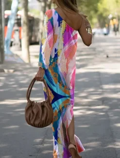 Sale Women's Long Dress Maxi Dress Casual Dress Print Dress Floral Geometric Fashion Streetwear Outdoor Holiday Going out Print Long Sleeve One Shoulder Dress Slim ArmyGreen Blue Orange Summer Spring S M Women Spring Dresses|Floral Dresses