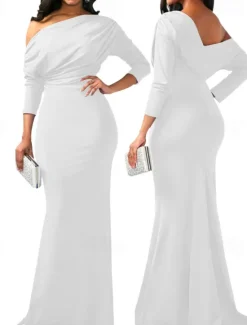 Best Women's Long Dress Maxi Dress Prom Dress Party Dress Elegant Fashion Party Going out Regular Fit Plain Long Sleeve One Shoulder Black White Wine Summer Women White Dresses