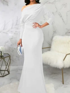 Best Women's Long Dress Maxi Dress Prom Dress Party Dress Elegant Fashion Party Going out Regular Fit Plain Long Sleeve One Shoulder Black White Wine Summer Women White Dresses