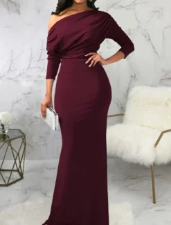 Best Women's Long Dress Maxi Dress Prom Dress Party Dress Elegant Fashion Party Going out Regular Fit Plain Long Sleeve One Shoulder Black White Wine Summer Women White Dresses