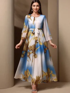 Outlet Women's Long Dress Maxi Dress Vintage Dress Cocktail Dress Wedding Guest Dress Chiffon Dress Boho Daily Holiday Loose Fit Graphic Long Sleeve Crew Neck Spring Fall Women Cocktail Dress