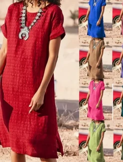 Sale Women's Long Dress Maxi Dress Linen-Inspired Dresses Casual Dress Cotton Linen Dress Stylish Casual Vacation Daily Date Regular Fit Plain Short Sleeve Crew Neck Black Red Summer Spring Women Dresses