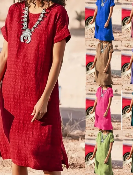 Sale Women's Long Dress Maxi Dress Linen-Inspired Dresses Casual Dress Cotton Linen Dress Stylish Casual Vacation Daily Date Regular Fit Plain Short Sleeve Crew Neck Black Red Summer Spring Women Dresses
