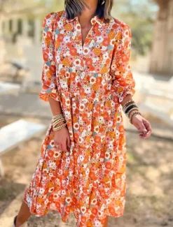 Best Women's Long Dress Maxi Dress Casual Dress A Line Dress Floral Dress Summer Dress Elegant Stylish Vacation Daily Date Regular Fit Floral Long Sleeve Lapel Summer Spring Women Floral Dresses