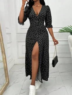 Sale Women's Long Dress Maxi Dress Casual Dress Summer Dress Elegant Fashion Outdoor Holiday Date Regular Fit Polka Dot Long Sleeve V Neck Black Red Blue Summer Spring Women Cocktail Dress