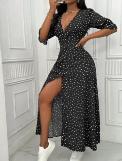Sale Women's Long Dress Maxi Dress Casual Dress Summer Dress Elegant Fashion Outdoor Holiday Date Regular Fit Polka Dot Long Sleeve V Neck Black Red Blue Summer Spring Women Cocktail Dress