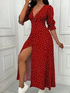 Sale Women's Long Dress Maxi Dress Casual Dress Summer Dress Elegant Fashion Outdoor Holiday Date Regular Fit Polka Dot Long Sleeve V Neck Black Red Blue Summer Spring Women Cocktail Dress