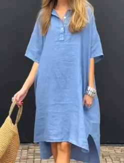 Discount Women's Long Dress Maxi Dress Linen-Inspired Dresses Shirt Dress Casual Dress Stylish Casual Vacation Daily Date Regular Fit Plain Short Sleeve Lapel Yellow Pink Blue Apricot Summer Spring Women Dresses