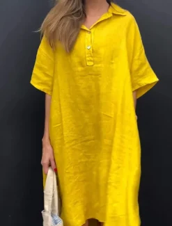Discount Women's Long Dress Maxi Dress Linen-Inspired Dresses Shirt Dress Casual Dress Stylish Casual Vacation Daily Date Regular Fit Plain Short Sleeve Lapel Yellow Pink Blue Apricot Summer Spring Women Dresses