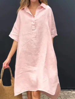 Discount Women's Long Dress Maxi Dress Linen-Inspired Dresses Shirt Dress Casual Dress Stylish Casual Vacation Daily Date Regular Fit Plain Short Sleeve Lapel Yellow Pink Blue Apricot Summer Spring Women Dresses