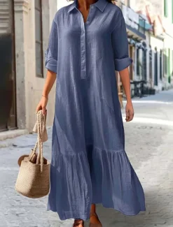 Women's Long Dress Maxi Dress Linen-Inspired Dresses Hawaiian Regular Fit Solid Color Long Sleeve Shirt Collar Add royal blue khaki Summer Spring Women Dresses