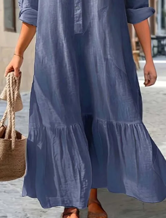 Women's Long Dress Maxi Dress Linen-Inspired Dresses Hawaiian Regular Fit Solid Color Long Sleeve Shirt Collar Add royal blue khaki Summer Spring Women Dresses