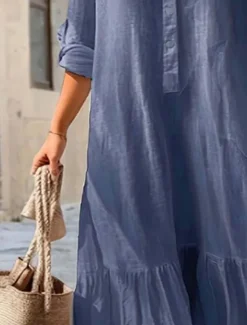 Women's Long Dress Maxi Dress Linen-Inspired Dresses Hawaiian Regular Fit Solid Color Long Sleeve Shirt Collar Add royal blue khaki Summer Spring Women Dresses