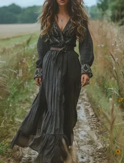 New Women's Long Dress Maxi Dress Casual Dress Swing Dress Summer Dress Boho Dress Vintage Vacation Daily Holiday Regular Fit Graphic Long Sleeve V Neck Black Summer Women Floral Dresses