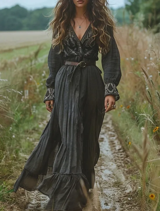 New Women's Long Dress Maxi Dress Casual Dress Swing Dress Summer Dress Boho Dress Vintage Vacation Daily Holiday Regular Fit Graphic Long Sleeve V Neck Black Summer Women Floral Dresses