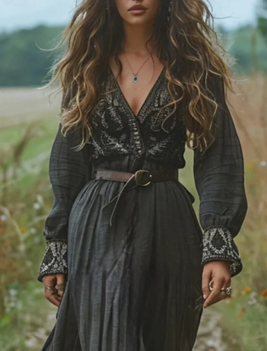 New Women's Long Dress Maxi Dress Casual Dress Swing Dress Summer Dress Boho Dress Vintage Vacation Daily Holiday Regular Fit Graphic Long Sleeve V Neck Black Summer Women Floral Dresses