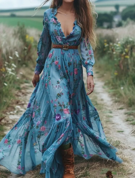 Discount Women's Long Dress Maxi Dress Floral Dress Boho Dress Western Dress Elegant Fashion Modern Outdoor Vacation Daily Regular Fit Flower Long Sleeve V Neck Summer Women Floral Dresses