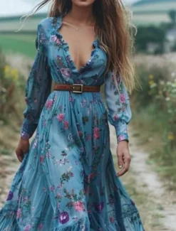 Discount Women's Long Dress Maxi Dress Floral Dress Boho Dress Western Dress Elegant Fashion Modern Outdoor Vacation Daily Regular Fit Flower Long Sleeve V Neck Summer Women Floral Dresses