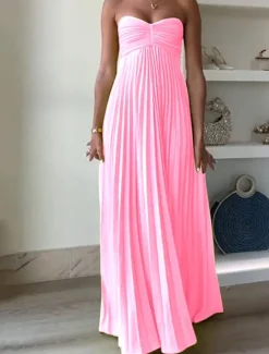 Online Women's Long Dress Maxi Dress Casual Dress Swing Dress Fashion Outdoor Party Evening Party Regular Fit Plain Sleeveless Strapless Yellow Pink Blue Summer Women Work Dresses