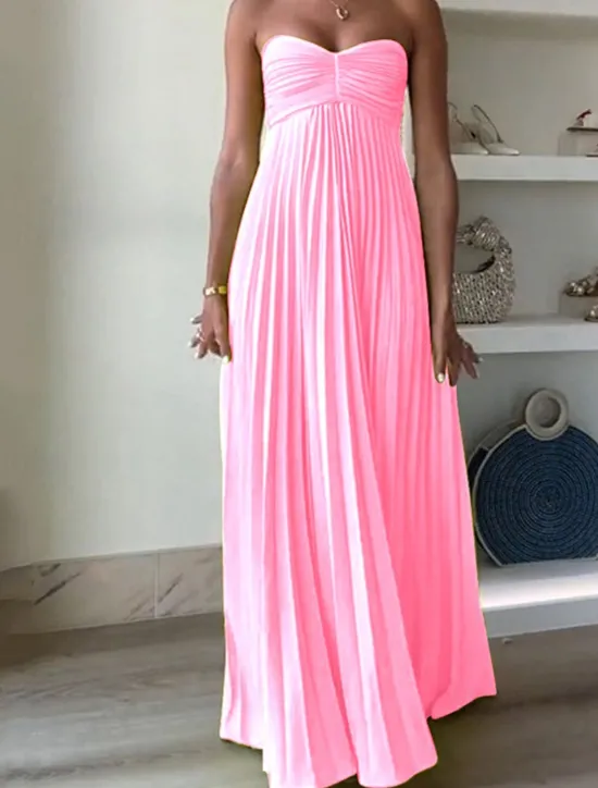 Online Women's Long Dress Maxi Dress Casual Dress Swing Dress Fashion Outdoor Party Evening Party Regular Fit Plain Sleeveless Strapless Yellow Pink Blue Summer Women Work Dresses