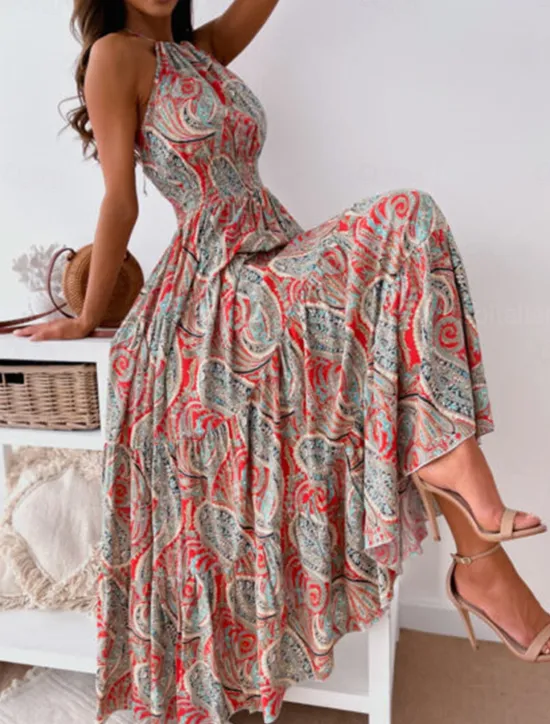 Online Women's Long Dress Maxi Dress Casual Dress Boho Chic Dresses Boho Dress Bohemia Streetwear A Line Vacation Street Holiday Regular Fit Floral Paisley Sleeveless Halter Neck Red Blue Summer Women Floral Dresses|Spring Dresses