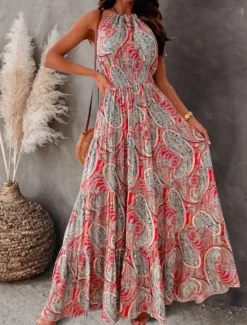 Online Women's Long Dress Maxi Dress Casual Dress Boho Chic Dresses Boho Dress Bohemia Streetwear A Line Vacation Street Holiday Regular Fit Floral Paisley Sleeveless Halter Neck Red Blue Summer Women Floral Dresses|Spring Dresses