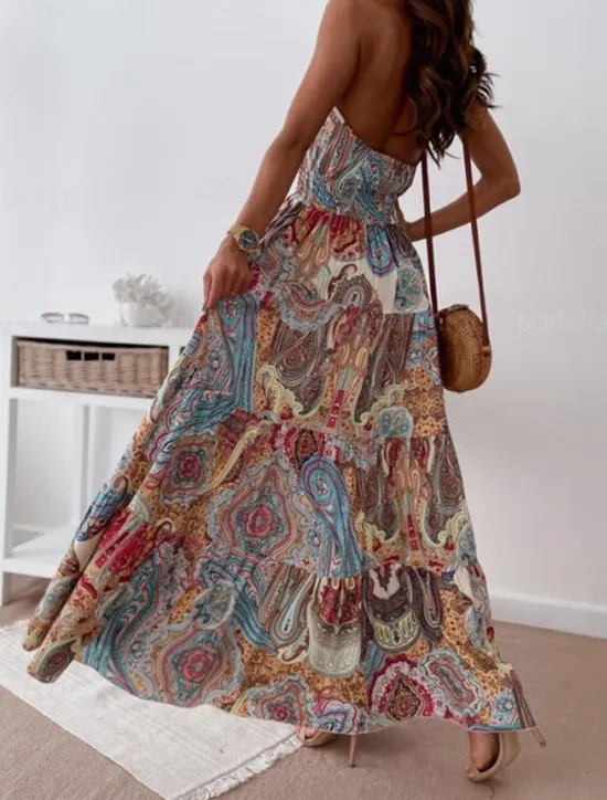 Online Women's Long Dress Maxi Dress Casual Dress Boho Chic Dresses Boho Dress Bohemia Streetwear A Line Vacation Street Holiday Regular Fit Floral Paisley Sleeveless Halter Neck Red Blue Summer Women Floral Dresses|Spring Dresses