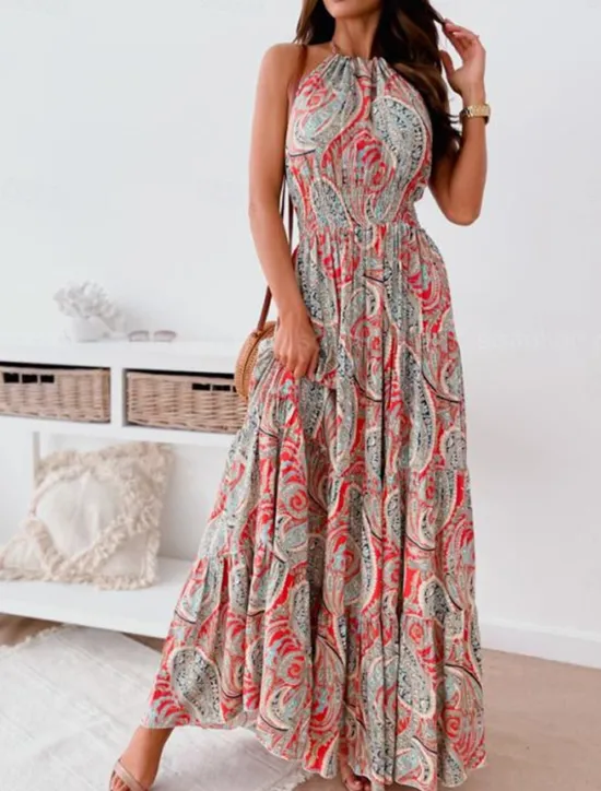 Online Women's Long Dress Maxi Dress Casual Dress Boho Chic Dresses Boho Dress Bohemia Streetwear A Line Vacation Street Holiday Regular Fit Floral Paisley Sleeveless Halter Neck Red Blue Summer Women Floral Dresses|Spring Dresses
