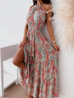 Online Women's Long Dress Maxi Dress Casual Dress Boho Chic Dresses Boho Dress Bohemia Streetwear A Line Vacation Street Holiday Regular Fit Floral Paisley Sleeveless Halter Neck Red Blue Summer Women Floral Dresses|Spring Dresses