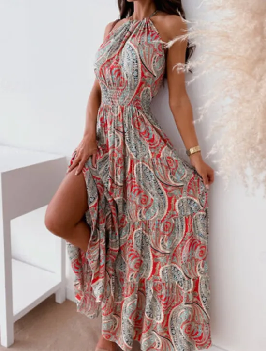 Online Women's Long Dress Maxi Dress Casual Dress Boho Chic Dresses Boho Dress Bohemia Streetwear A Line Vacation Street Holiday Regular Fit Floral Paisley Sleeveless Halter Neck Red Blue Summer Women Floral Dresses|Spring Dresses