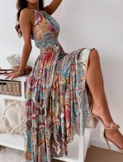 Online Women's Long Dress Maxi Dress Casual Dress Boho Chic Dresses Boho Dress Bohemia Streetwear A Line Vacation Street Holiday Regular Fit Floral Paisley Sleeveless Halter Neck Red Blue Summer Women Floral Dresses|Spring Dresses