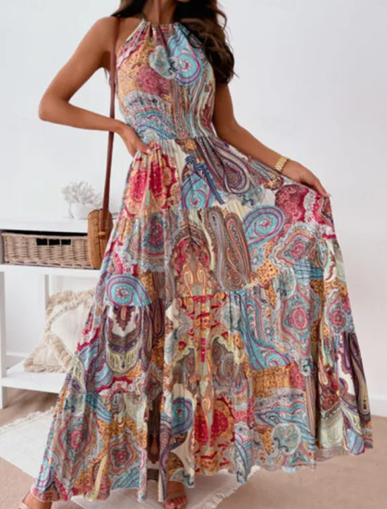 Online Women's Long Dress Maxi Dress Casual Dress Boho Chic Dresses Boho Dress Bohemia Streetwear A Line Vacation Street Holiday Regular Fit Floral Paisley Sleeveless Halter Neck Red Blue Summer Women Floral Dresses|Spring Dresses