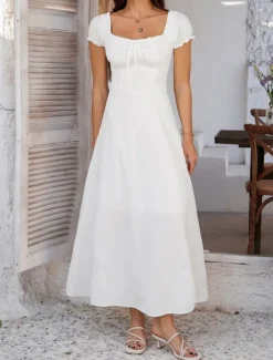 Women's Long Dress Maxi Dress White Dress Casual Dress Swing Dress Summer Dress Fashion Modern Elegant Dress Daily Date Weekend Regular Fit Plain Short Sleeve Square Neck Black White Yellow Navy Blue Women White Dresses