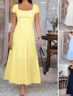 Women's Long Dress Maxi Dress White Dress Casual Dress Swing Dress Summer Dress Fashion Modern Elegant Dress Daily Date Weekend Regular Fit Plain Short Sleeve Square Neck Black White Yellow Navy Blue Women White Dresses