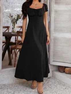 Women's Long Dress Maxi Dress White Dress Casual Dress Swing Dress Summer Dress Fashion Modern Elegant Dress Daily Date Weekend Regular Fit Plain Short Sleeve Square Neck Black White Yellow Navy Blue Women White Dresses