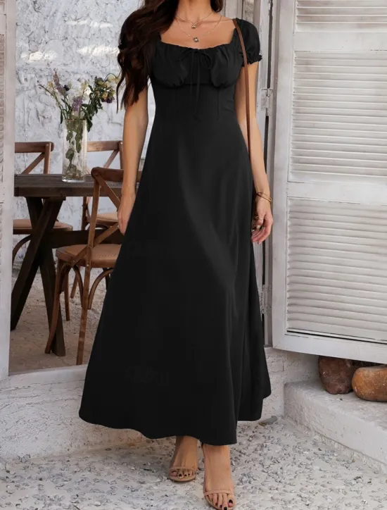 Women's Long Dress Maxi Dress White Dress Casual Dress Swing Dress Summer Dress Fashion Modern Elegant Dress Daily Date Weekend Regular Fit Plain Short Sleeve Square Neck Black White Yellow Navy Blue Women White Dresses