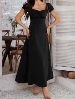 Women's Long Dress Maxi Dress White Dress Casual Dress Swing Dress Summer Dress Fashion Modern Elegant Dress Daily Date Weekend Regular Fit Plain Short Sleeve Square Neck Black White Yellow Navy Blue Women White Dresses